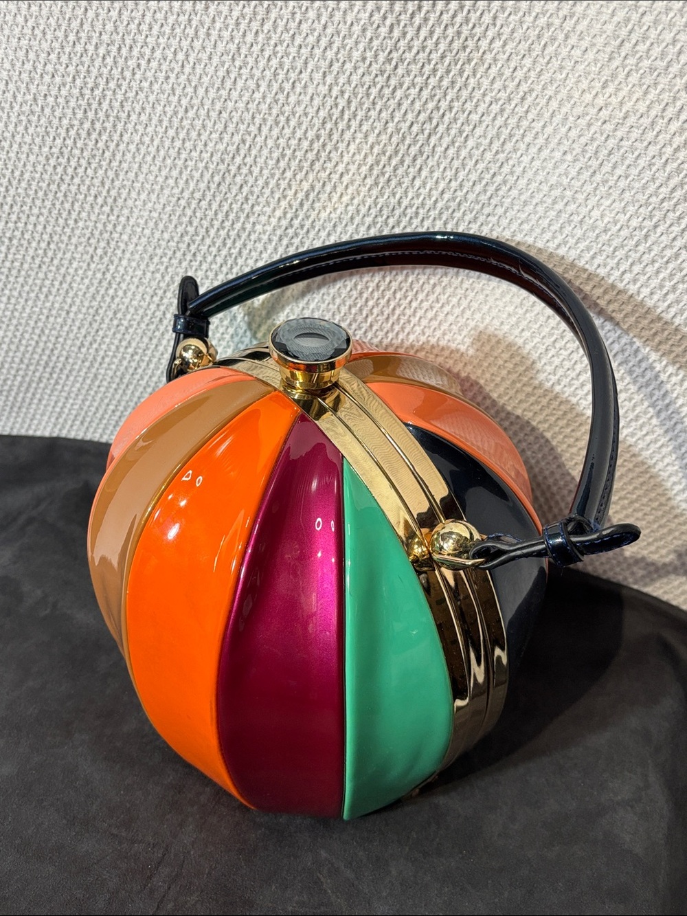 Multicolor Dome Top-Handle Women's Bag Shine Vegan Leather Striped Lining